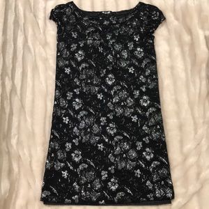 Aqua Black & Silver Floral Cap Sleeve Shift Dress
